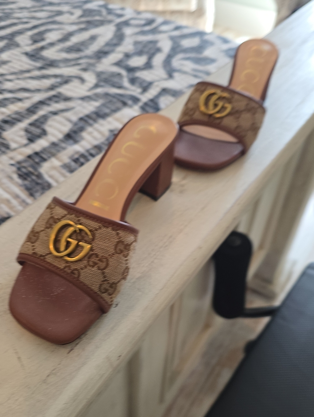Gucci Brown GG Canvas Gold Double G Block Heel Slide Sandals
